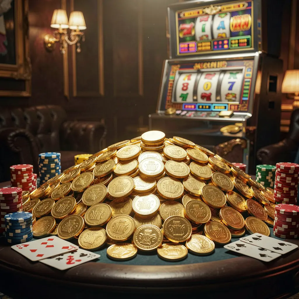 TALA68 jackpot bonus scene featuring a huge pile of golden coins, a slot machine in the background, poker chips, and playing cards under cinematic luxury lighting