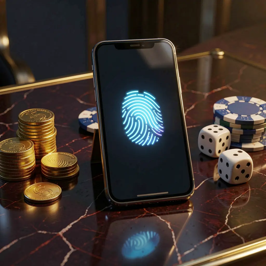 TALA68 online gaming account access scene showing a smartphone with glowing fingerprint icon surrounded by golden coins, dice, and poker chips on a glossy table under cinematic lighting