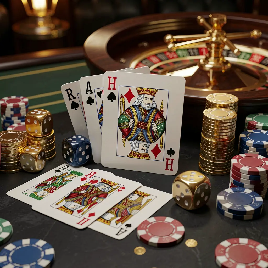 TALA68 elegant online casino homepage featuring royal flush cards, dice, golden coins, poker chips on a dark table with a glowing roulette wheel in the background in a cinematic 3D render